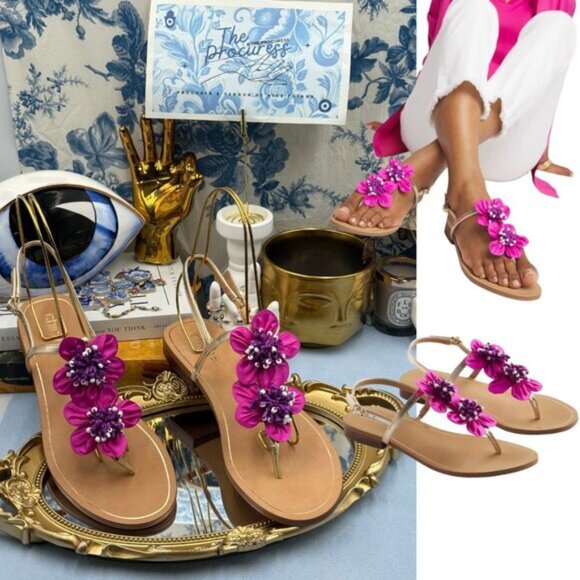 🆕 CHICO'S 🧿 NWOB Sunset Flower Sandal, Pink Hand Beaded Flower Detail - Sz 9US - Picture 1 of 12